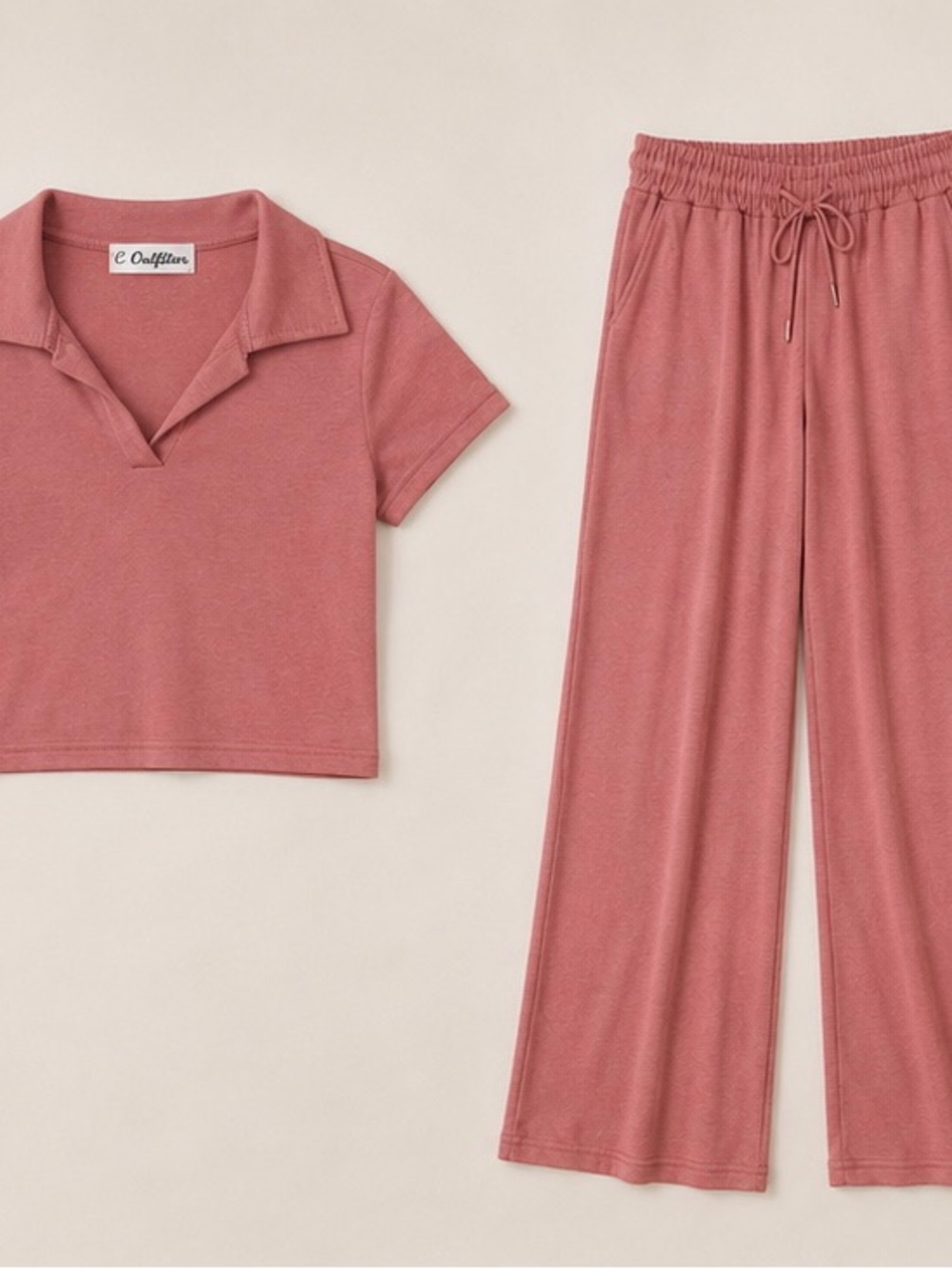 Dusty Rose Polo Top & Wide Leg Pants Set